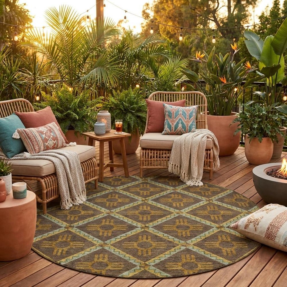 8' Chocolate And Taupe Round Geometric Washable Indoor Outdoor Area Rug HomeRoots