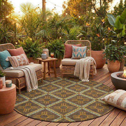 8' Chocolate And Taupe Round Geometric Washable Indoor Outdoor Area Rug HomeRoots
