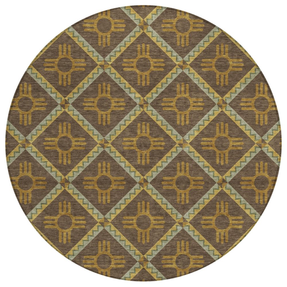 8' Chocolate And Taupe Round Geometric Washable Indoor Outdoor Area Rug HomeRoots