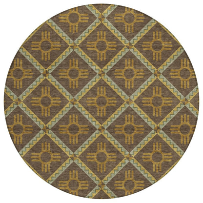 8' Chocolate And Taupe Round Geometric Washable Indoor Outdoor Area Rug HomeRoots