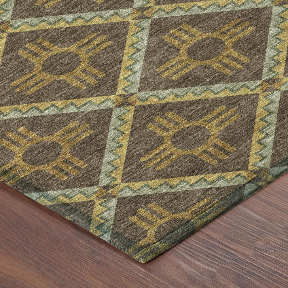 8' Chocolate And Taupe Round Geometric Washable Indoor Outdoor Area Rug — view 2
