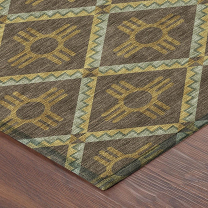 8' Chocolate And Taupe Round Geometric Washable Indoor Outdoor Area Rug HomeRoots
