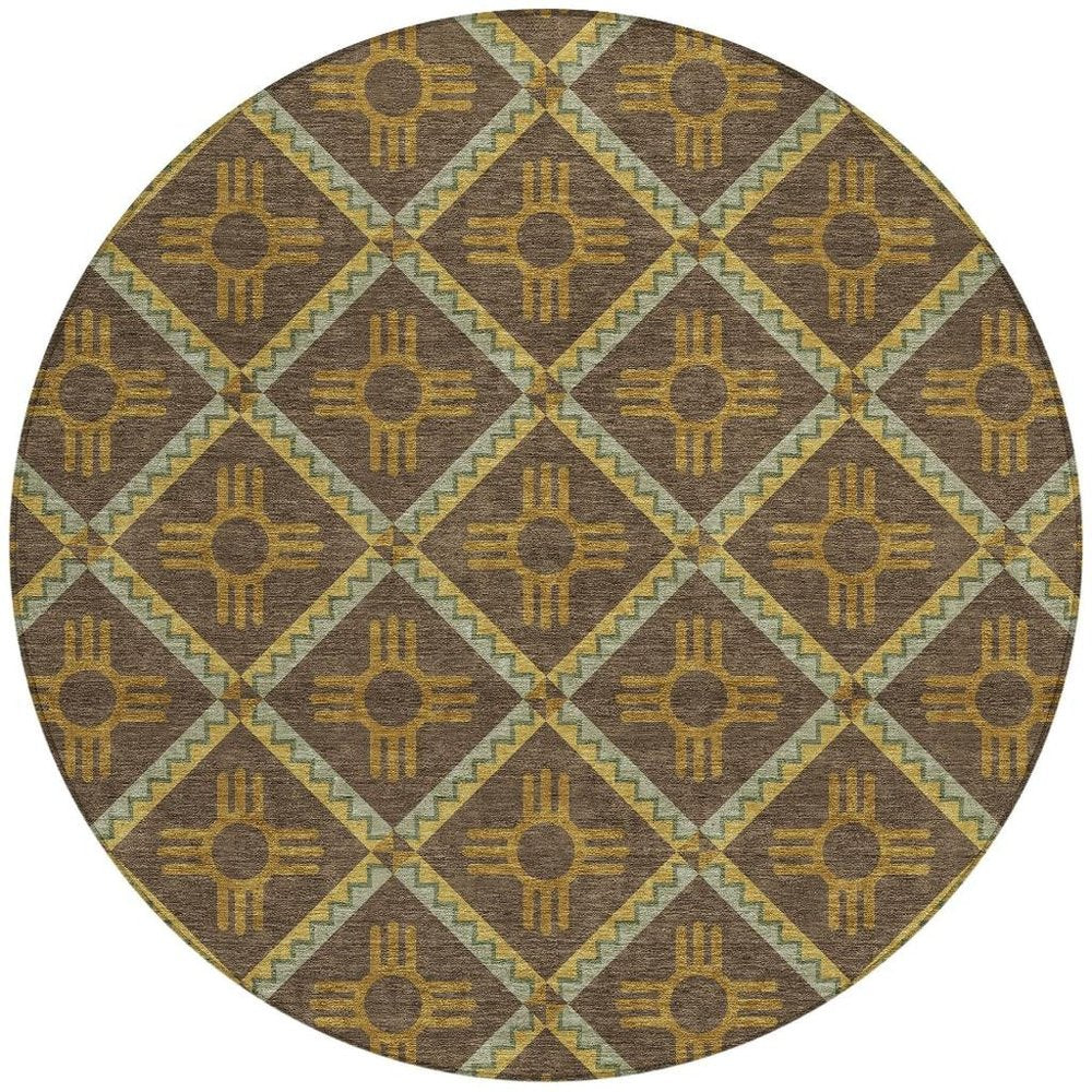 8' Chocolate And Taupe Round Geometric Washable Indoor Outdoor Area Rug — view 4