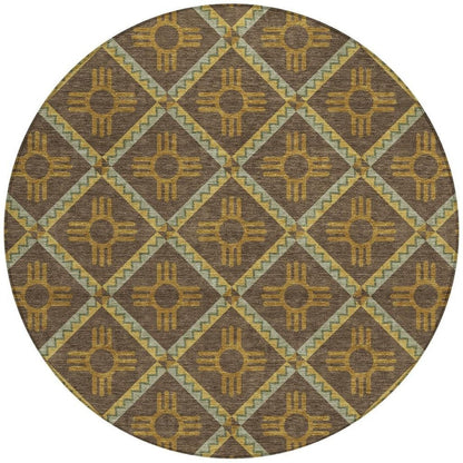 8' Chocolate And Taupe Round Geometric Washable Indoor Outdoor Area Rug HomeRoots