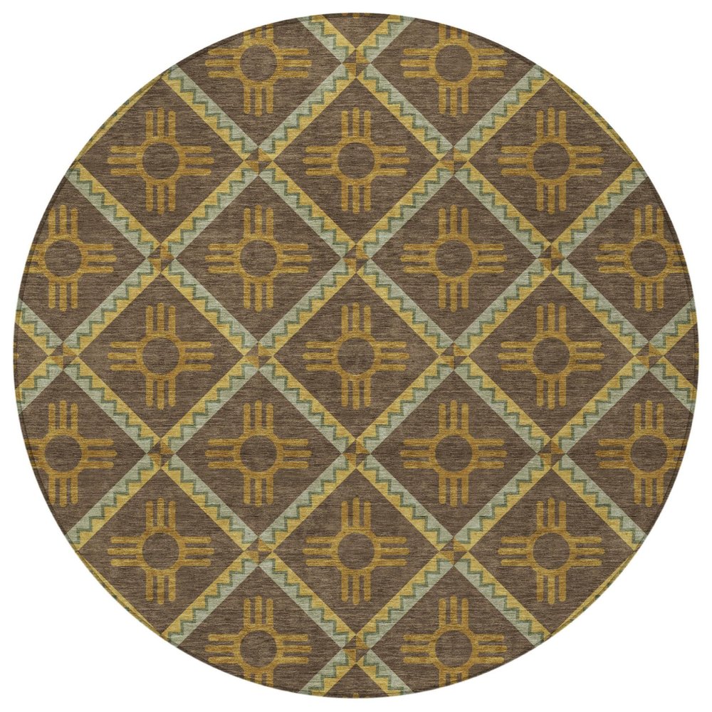 8' Chocolate And Taupe Round Geometric Washable Indoor Outdoor Area Rug — view 5