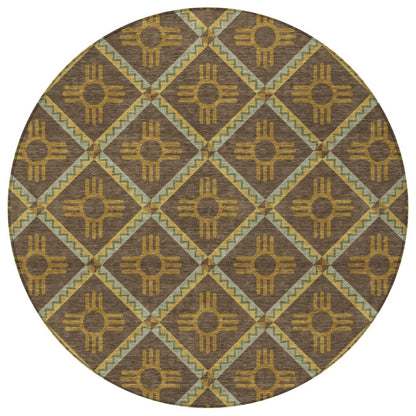 8' Chocolate And Taupe Round Geometric Washable Indoor Outdoor Area Rug HomeRoots