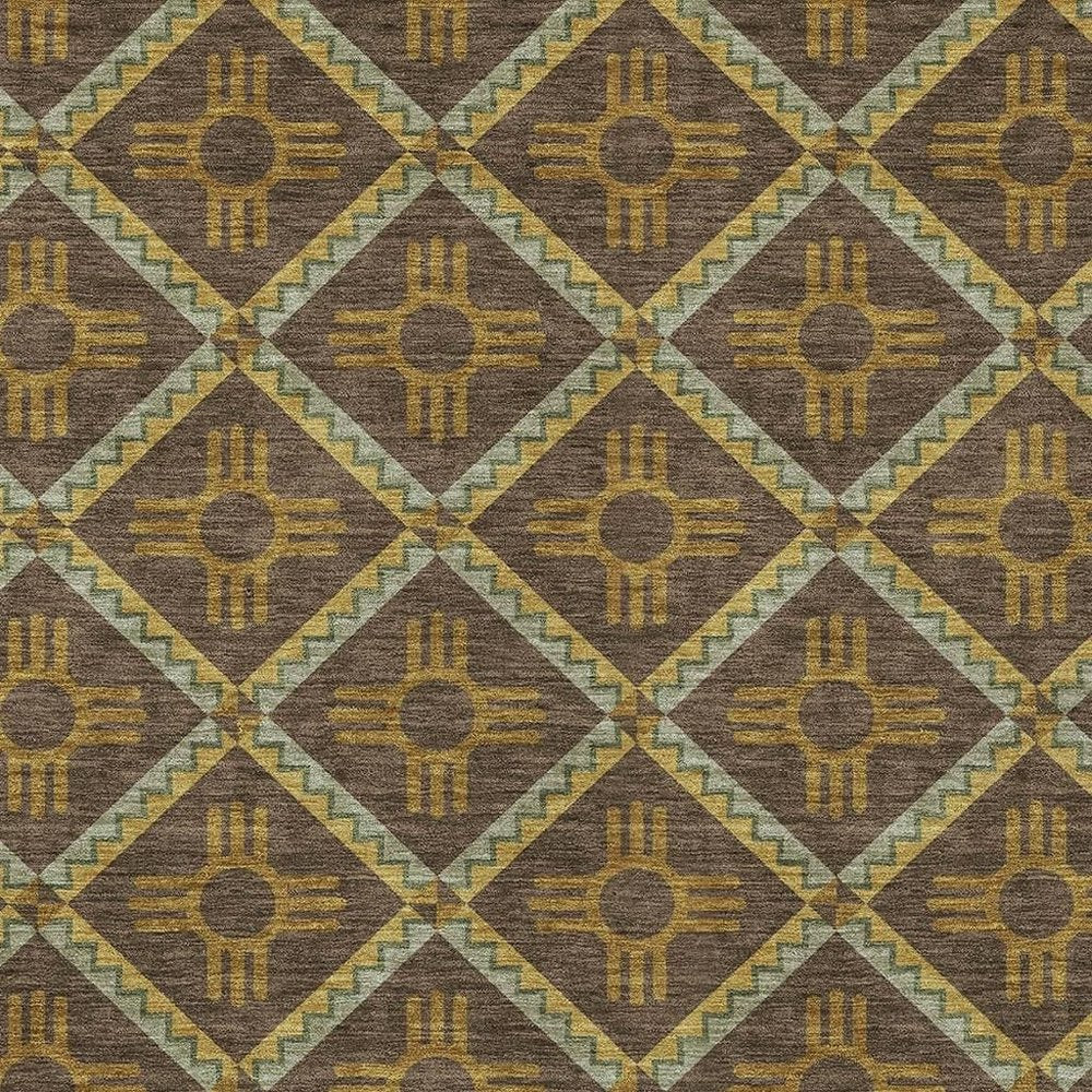 10' X 14' Chocolate And Taupe Geometric Washable Indoor Outdoor Area Rug — view 4