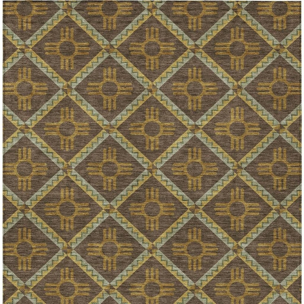 10' X 14' Chocolate And Taupe Geometric Washable Indoor Outdoor Area Rug — view 5