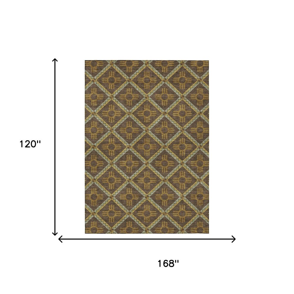 10' X 14' Chocolate And Taupe Geometric Washable Indoor Outdoor Area Rug — view 6