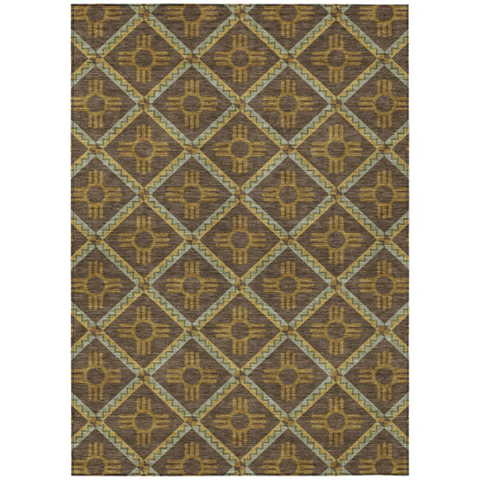 10' X 14' Chocolate And Taupe Geometric Washable Indoor Outdoor Area Rug