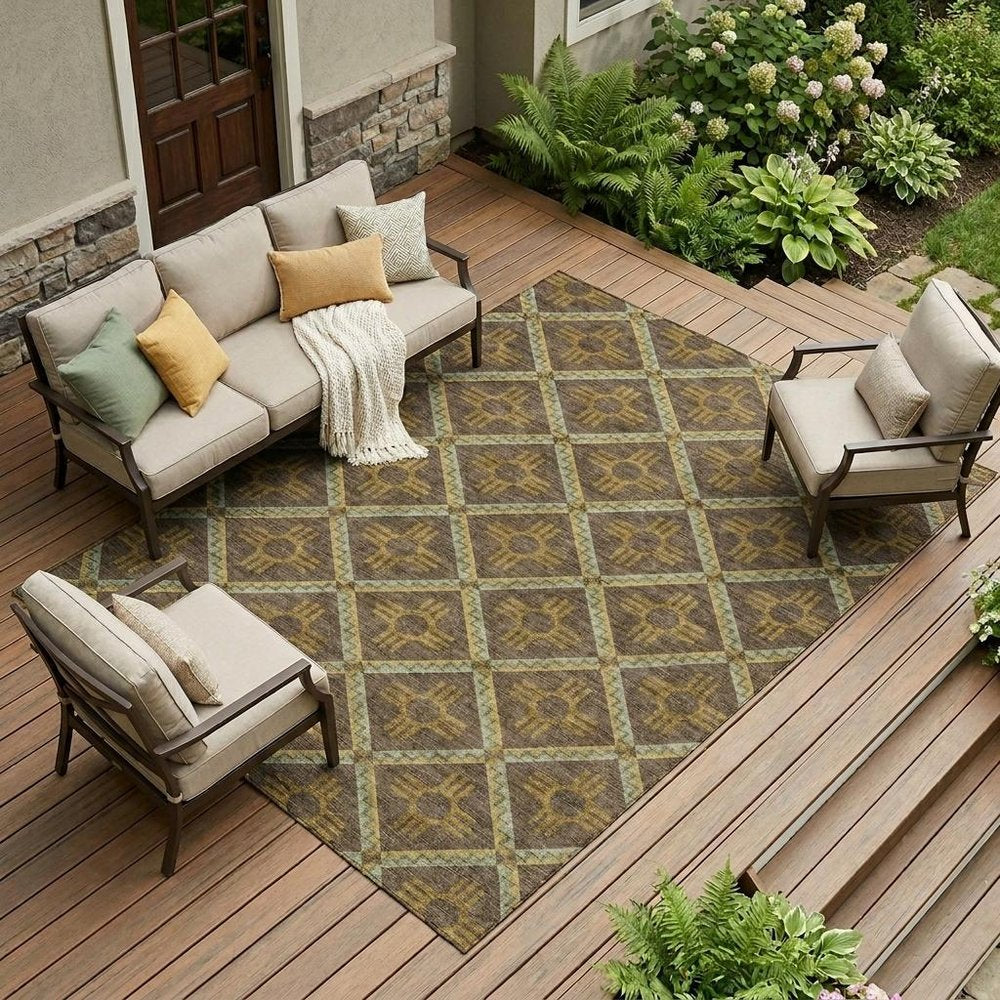 10' X 14' Chocolate And Taupe Geometric Washable Indoor Outdoor Area Rug — view 7