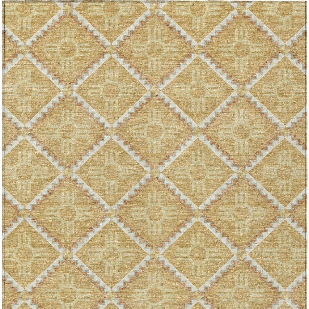 3' X 5' Gold And Brown Geometric Washable Indoor Outdoor Area Rug