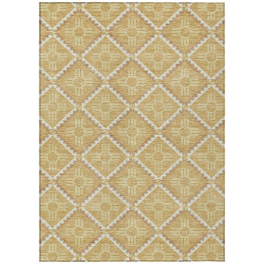 3' X 5' Gold And Brown Geometric Washable Indoor Outdoor Area Rug
