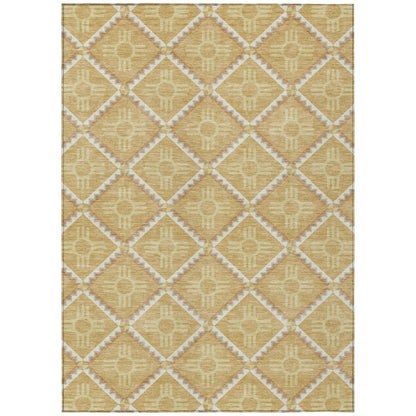 3' X 5' Gold And Brown Geometric Washable Indoor Outdoor Area Rug
