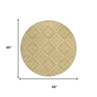 8' Gold And Brown Round Geometric Washable Indoor Outdoor Area Rug HomeRoots