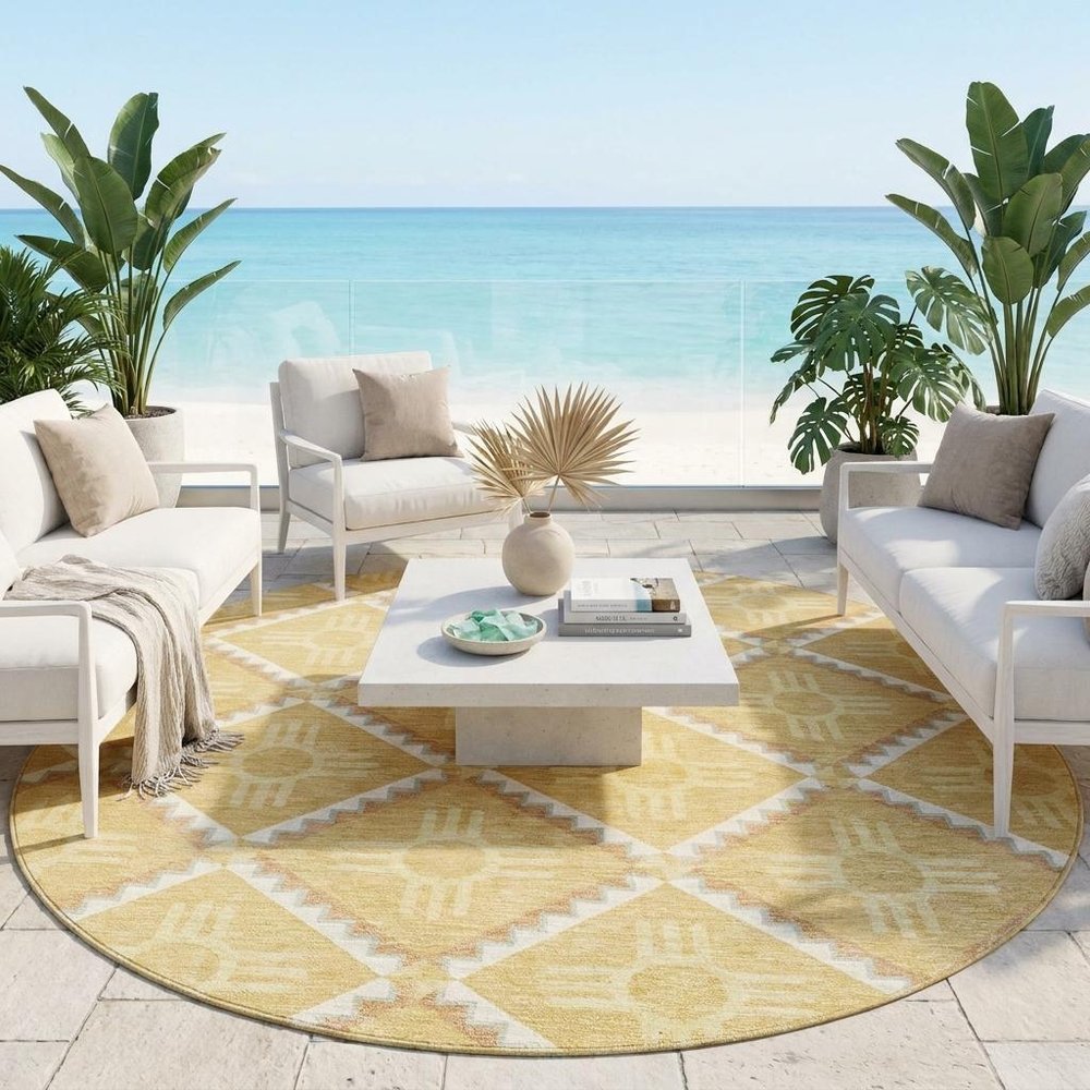 8' Gold And Brown Round Geometric Washable Indoor Outdoor Area Rug HomeRoots