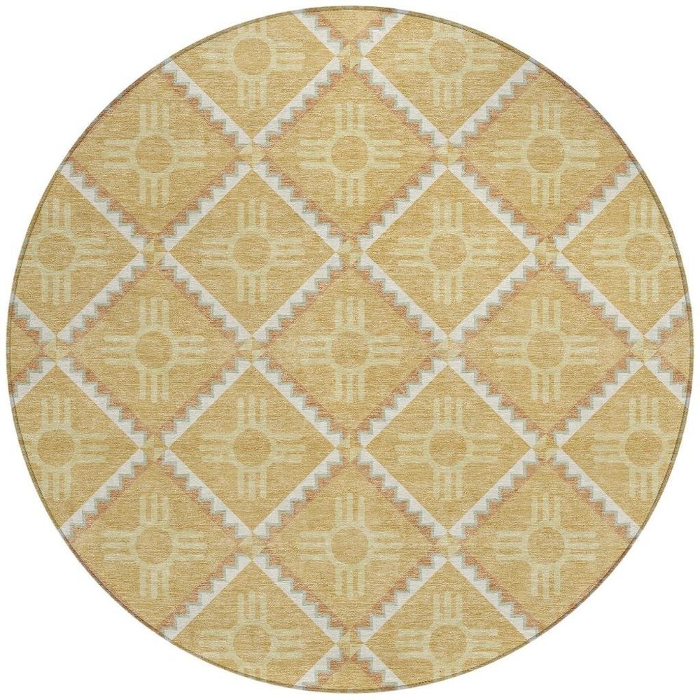 8' Gold And Brown Round Geometric Washable Indoor Outdoor Area Rug HomeRoots