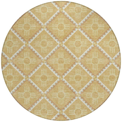 8' Gold And Brown Round Geometric Washable Indoor Outdoor Area Rug HomeRoots