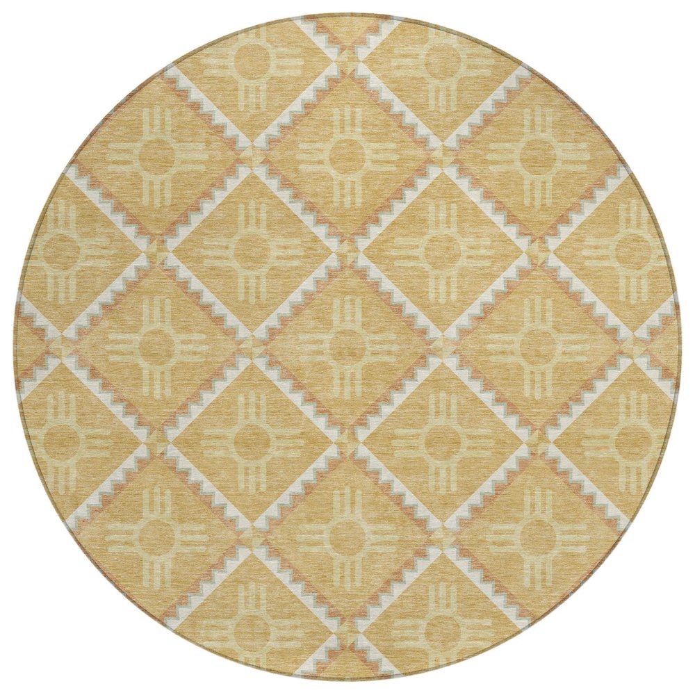 8' Gold And Brown Round Geometric Washable Indoor Outdoor Area Rug — view 1
