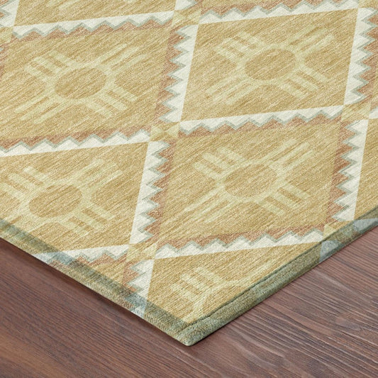 8' Gold And Brown Round Geometric Washable Indoor Outdoor Area Rug