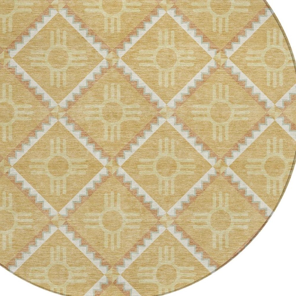 8' Gold And Brown Round Geometric Washable Indoor Outdoor Area Rug — view 4