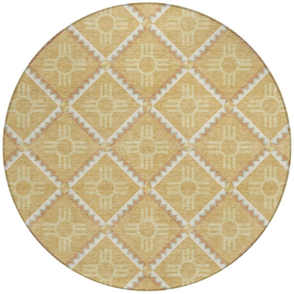8' Gold And Brown Round Geometric Washable Indoor Outdoor Area Rug HomeRoots