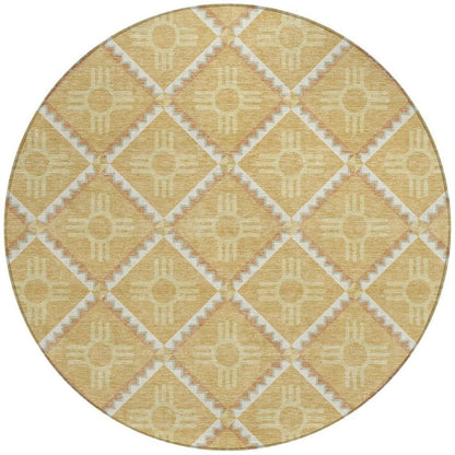 8' Gold And Brown Round Geometric Washable Indoor Outdoor Area Rug HomeRoots