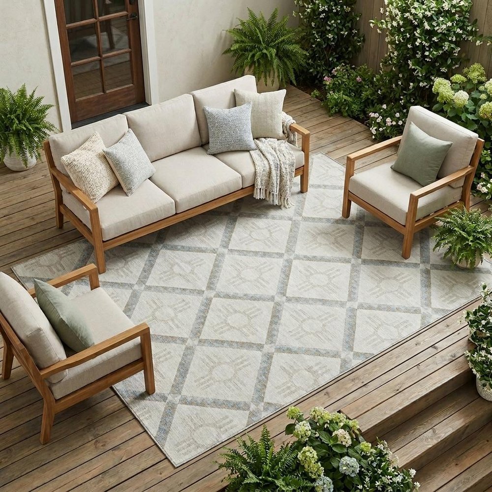 8' X 10' Ivory And Linen Geometric Washable Indoor Outdoor Area Rug — view 7