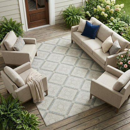 10' X 14' Ivory And Linen Geometric Washable Indoor Outdoor Area Rug