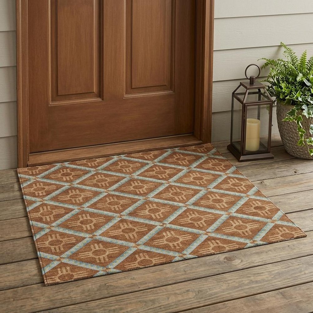 3' X 5' Orange And Blue Geometric Washable Indoor Outdoor Area Rug HomeRoots