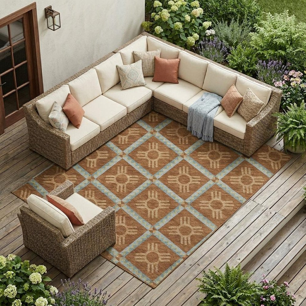 10' X 14' Orange And Blue Geometric Washable Indoor Outdoor Area Rug — view 7