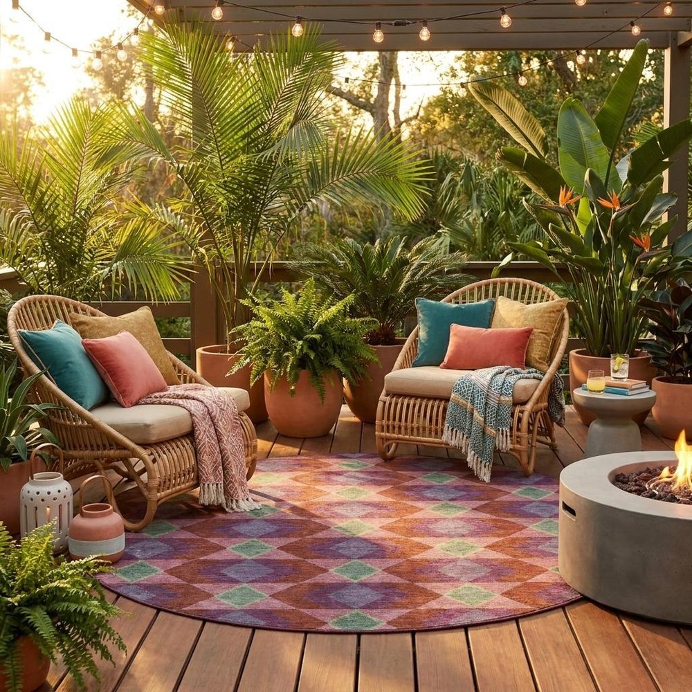 8' Burgundy And Pewter Round Geometric Washable Indoor Outdoor Area Rug — view 7
