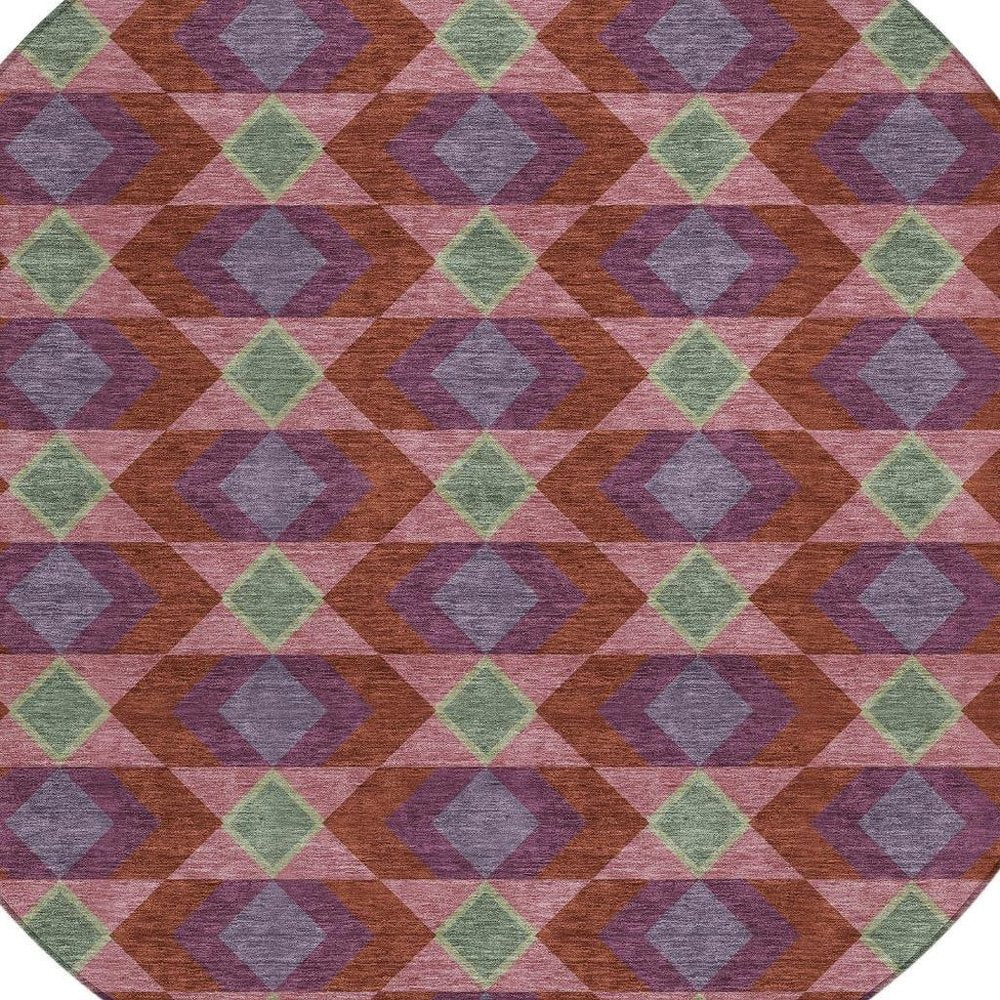 8' Burgundy And Pewter Round Geometric Washable Indoor Outdoor Area Rug — view 8