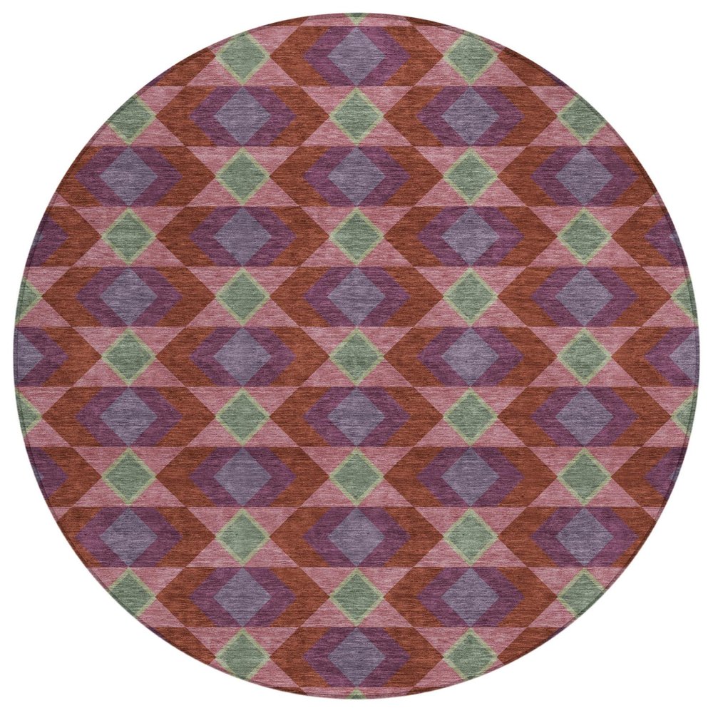 8' Burgundy And Pewter Round Geometric Washable Indoor Outdoor Area Rug — view 1