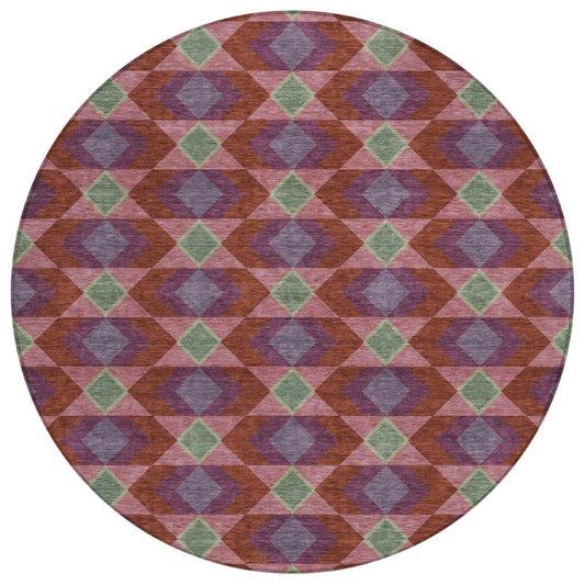 8' Burgundy And Pewter Round Geometric Washable Indoor Outdoor Area Rug
