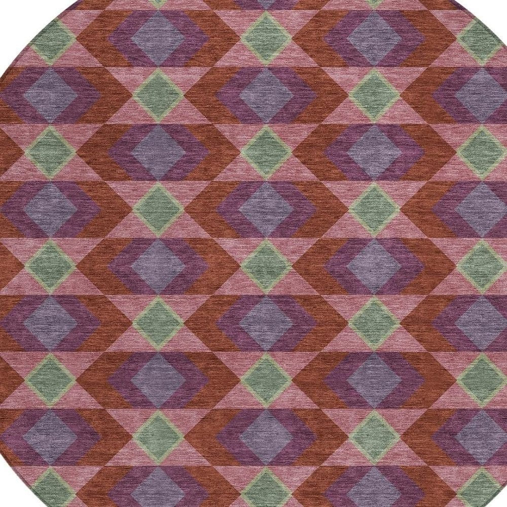 8' Burgundy And Pewter Round Geometric Washable Indoor Outdoor Area Rug HomeRoots
