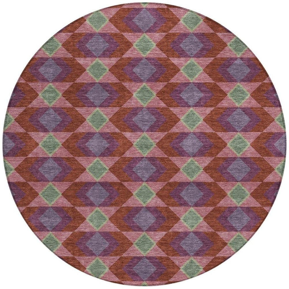 8' Burgundy And Pewter Round Geometric Washable Indoor Outdoor Area Rug — view 5