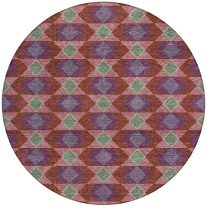 8' Burgundy And Pewter Round Geometric Washable Indoor Outdoor Area Rug HomeRoots