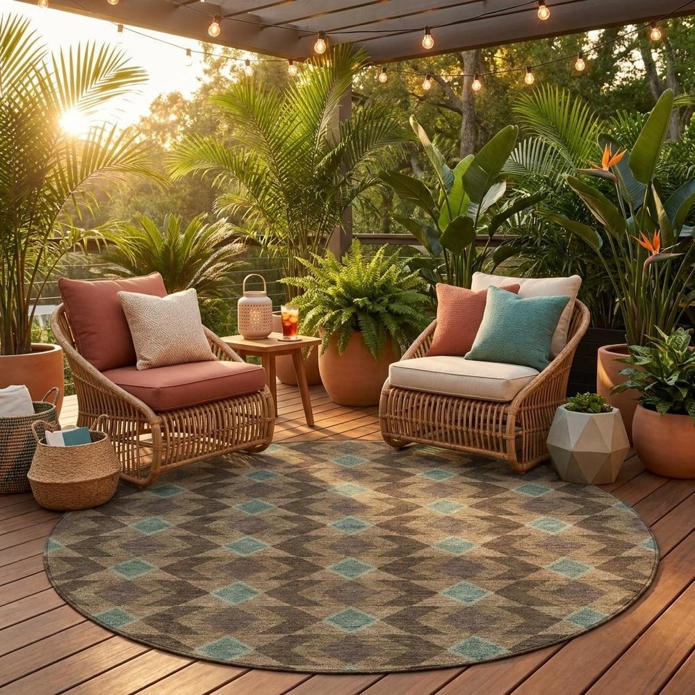 8' Chocolate And Navy Blue Round Geometric Washable Indoor Outdoor Area Rug HomeRoots
