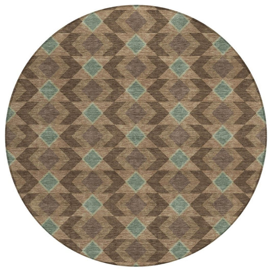 8' Chocolate And Navy Blue Round Geometric Washable Indoor Outdoor Area Rug