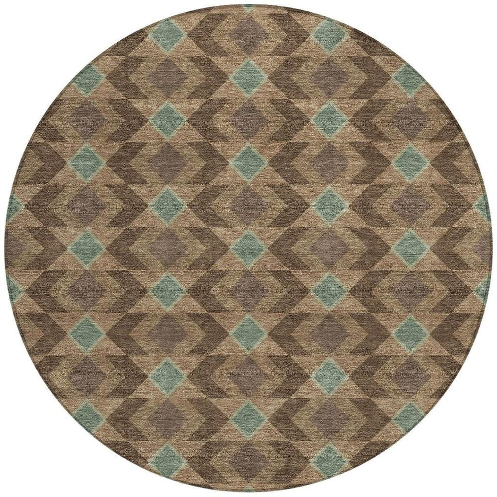 8' Chocolate And Navy Blue Round Geometric Washable Indoor Outdoor Area Rug — view 4