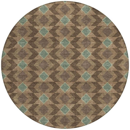 8' Chocolate And Navy Blue Round Geometric Washable Indoor Outdoor Area Rug HomeRoots