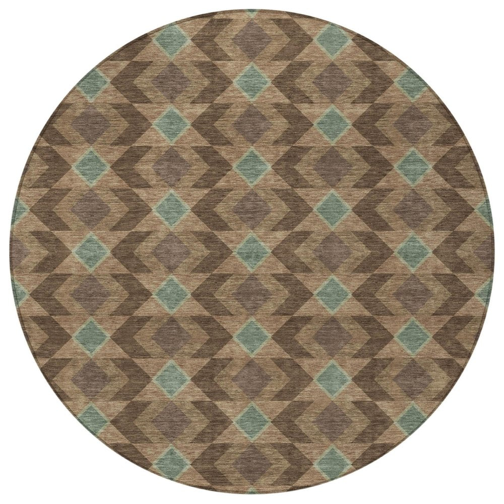 8' Chocolate And Navy Blue Round Geometric Washable Indoor Outdoor Area Rug — view 5