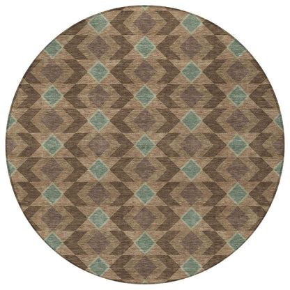 8' Chocolate And Navy Blue Round Geometric Washable Indoor Outdoor Area Rug HomeRoots