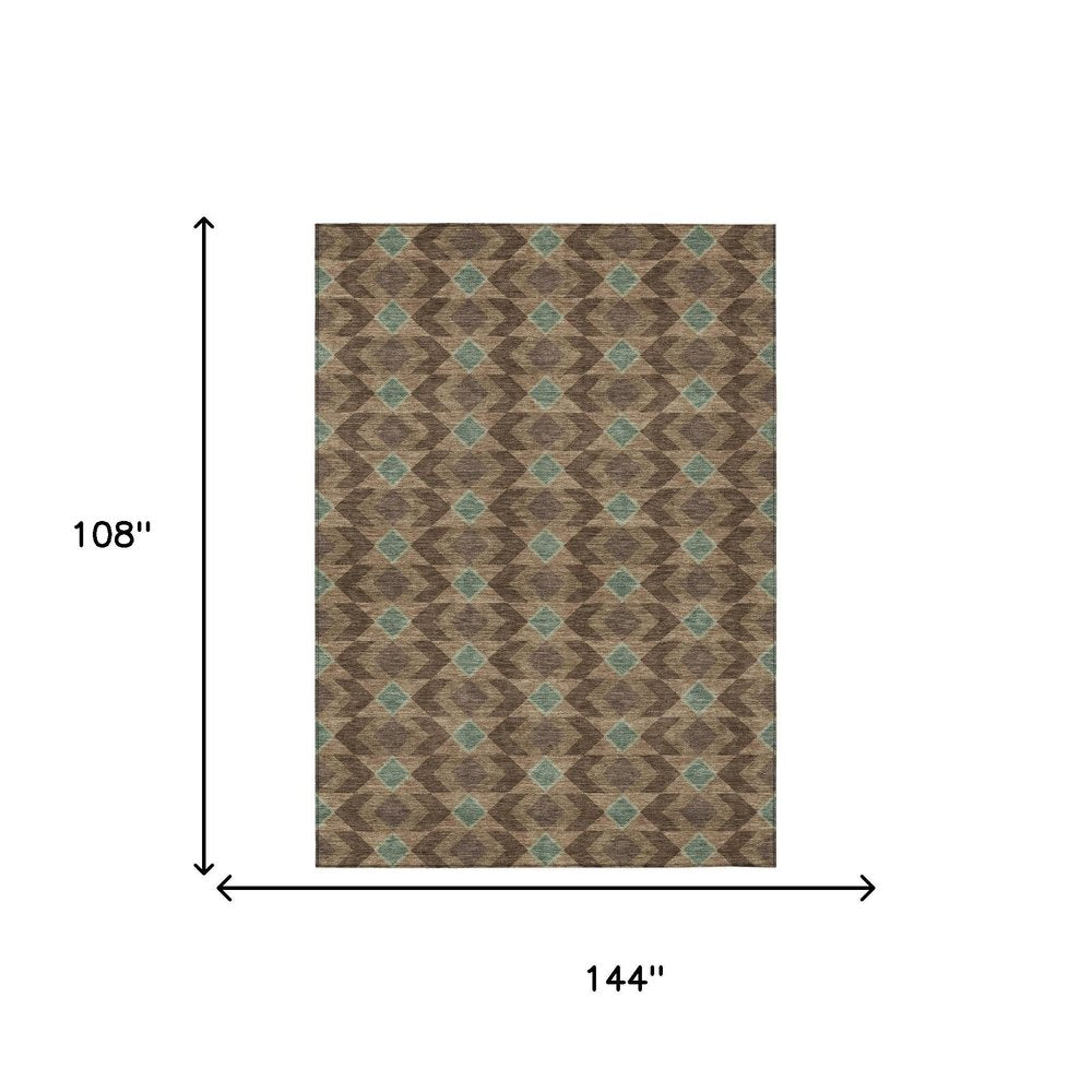 9' X 12' Chocolate And Navy Blue Geometric Washable Indoor Outdoor Area Rug — view 6