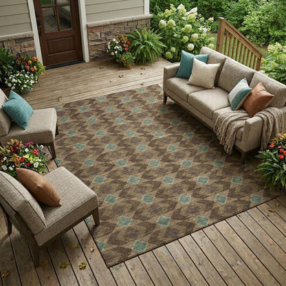 9' X 12' Chocolate And Navy Blue Geometric Washable Indoor Outdoor Area Rug HomeRoots