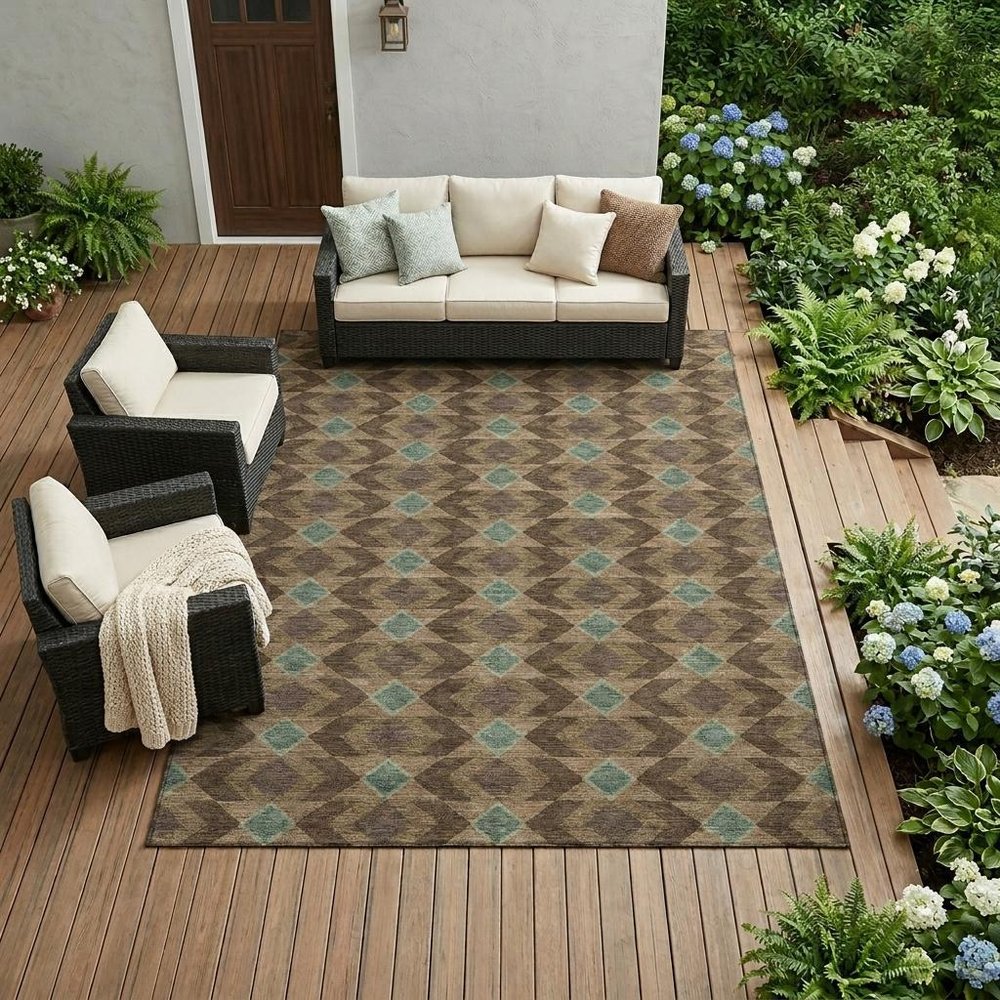 10' X 14' Chocolate And Navy Blue Geometric Washable Indoor Outdoor Area Rug — view 7