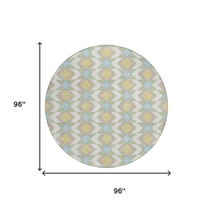 8' Ivory And Saffron Round Geometric Washable Indoor Outdoor Area Rug
