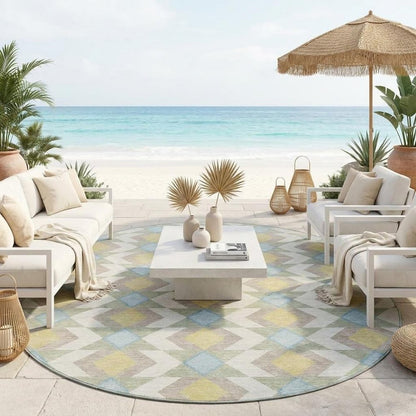 8' Ivory And Saffron Round Geometric Washable Indoor Outdoor Area Rug HomeRoots
