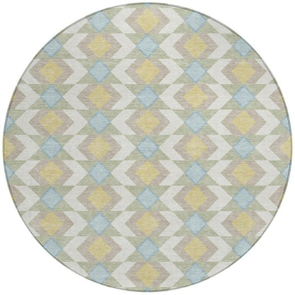 8' Ivory And Saffron Round Geometric Washable Indoor Outdoor Area Rug